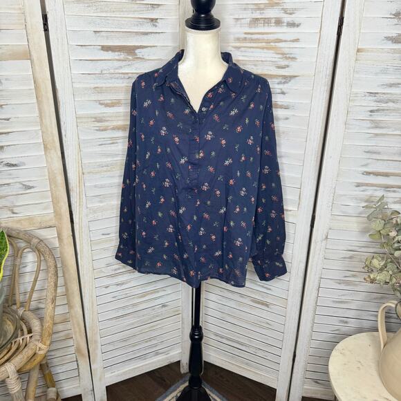 SUNDANCE Women's Large Floral Poppy Bloom Bounce Cotton Popover Button Top Navy - Picture 2 of 14